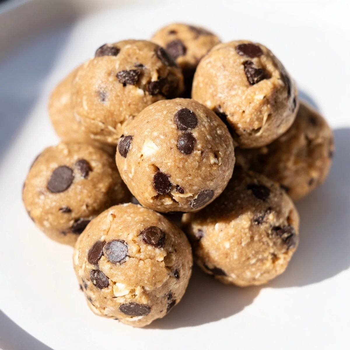 Close-up of chocolate chip cookie dough protein balls with visible oat flour and mini chocolate speckles ready for snacking