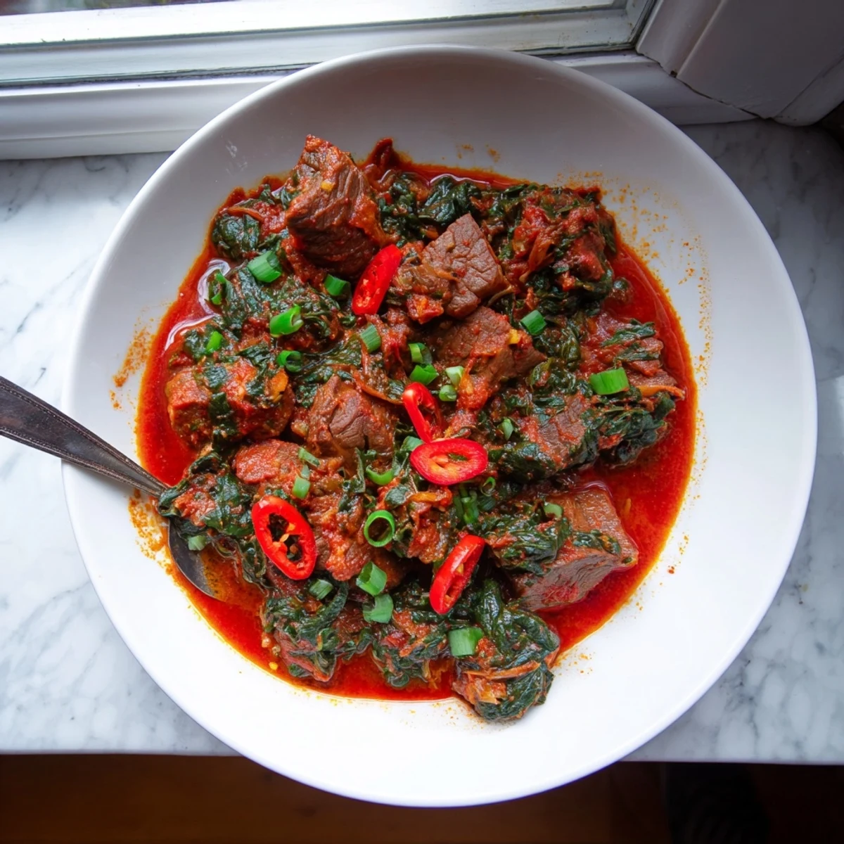 Rich Nigerian Spinach Stew with tender beef simmered in spicy red pepper sauce