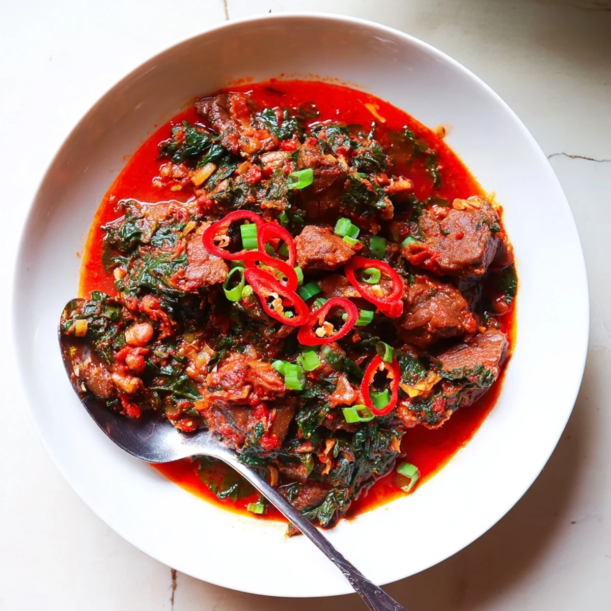 Savory Nigerian beef and spinach stew served hot with vibrant red pepper infusion