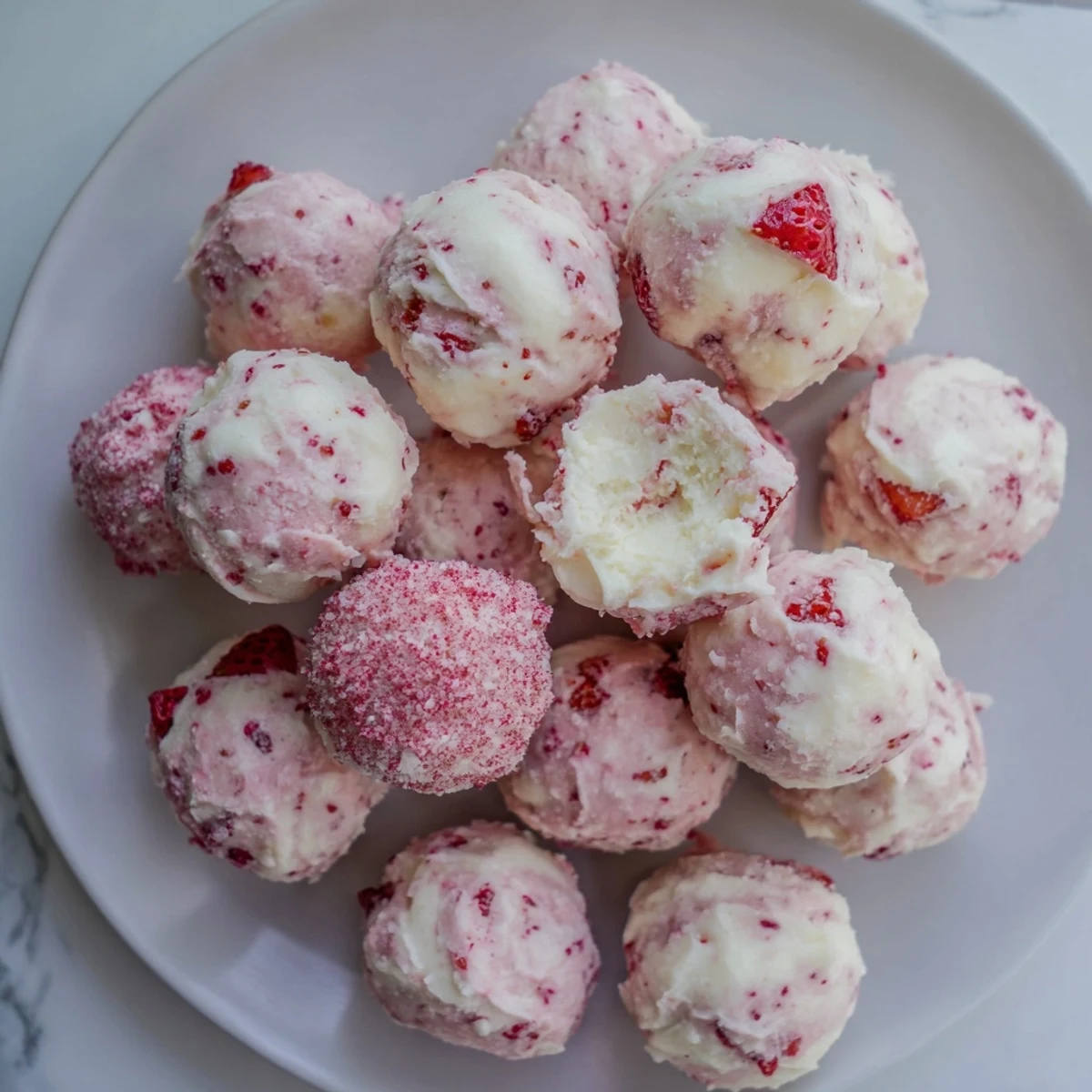 Creamy keto strawberry cheesecake fat bombs topped with crushed freeze-dried strawberries on a white plate