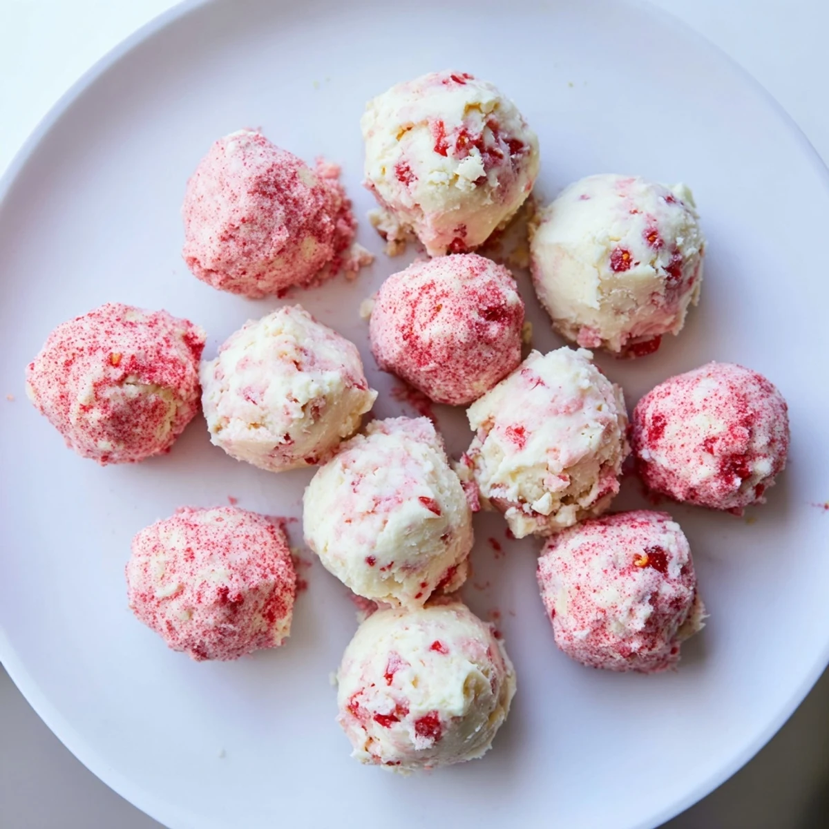 Rich and creamy keto strawberry cheesecake fat bombs rolled in pink strawberry coating ready for serving