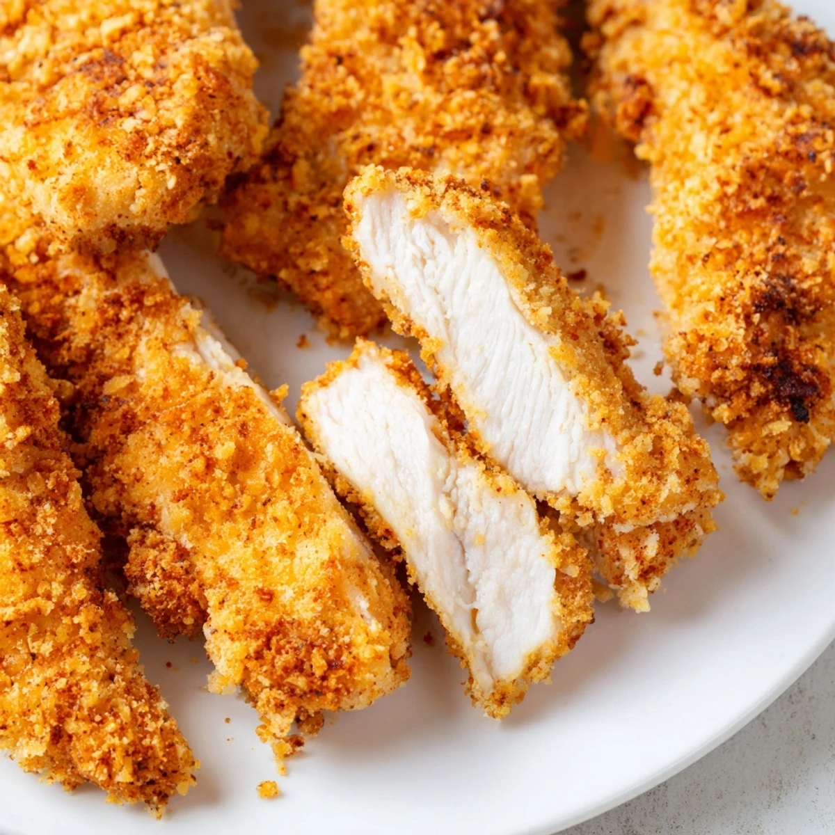 Golden brown crispy chicken tenders arranged on a white plate with dipping sauce