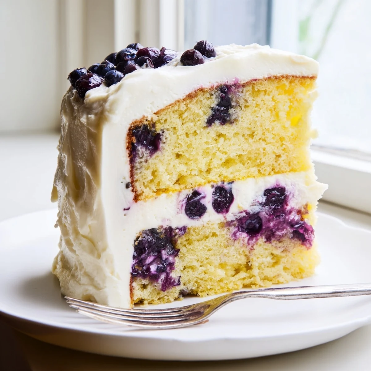 Golden lemon blueberry cake slice topped with creamy white frosting and fresh blueberries