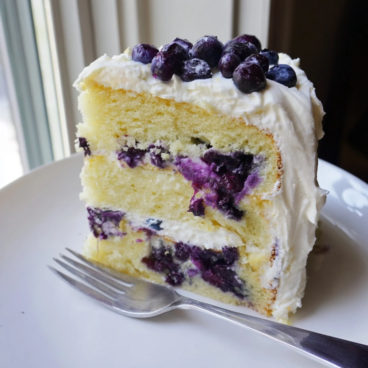 Moist lemon blueberry cake with zesty glaze, fresh berries, and powdered sugar dusting