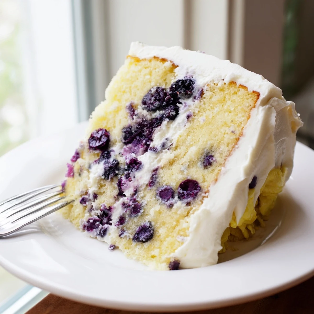 Two-layer lemon blueberry cake with tangy cream cheese frosting and scattered blueberries