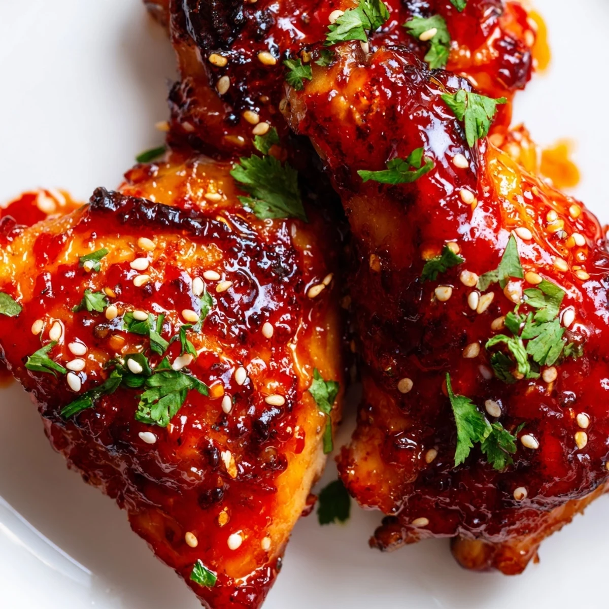 Golden crispy sweet chili air fryer chicken thighs brushed with glossy red glaze and garnished with fresh cilantro