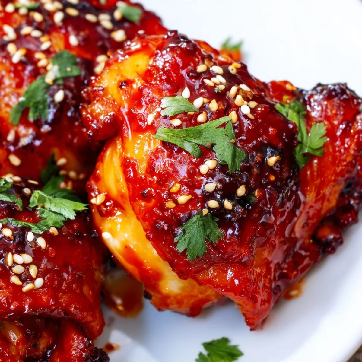 Perfectly crisped sweet chili chicken thighs showcasing caramelized edges and vibrant red sauce on a serving plate
