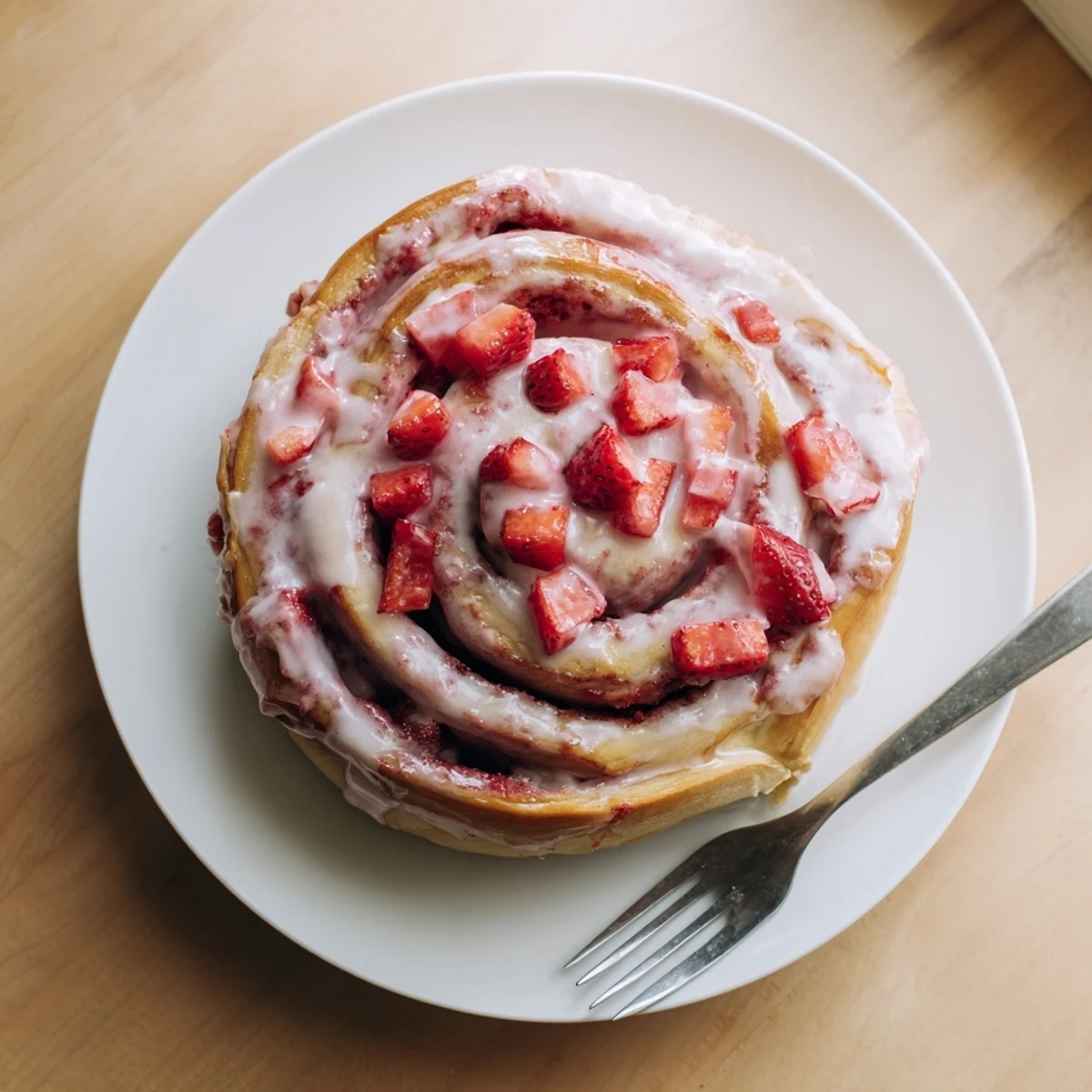 Golden strawberry cheesecake Cinnabon rolls drizzled with pink strawberry glaze on a serving plate