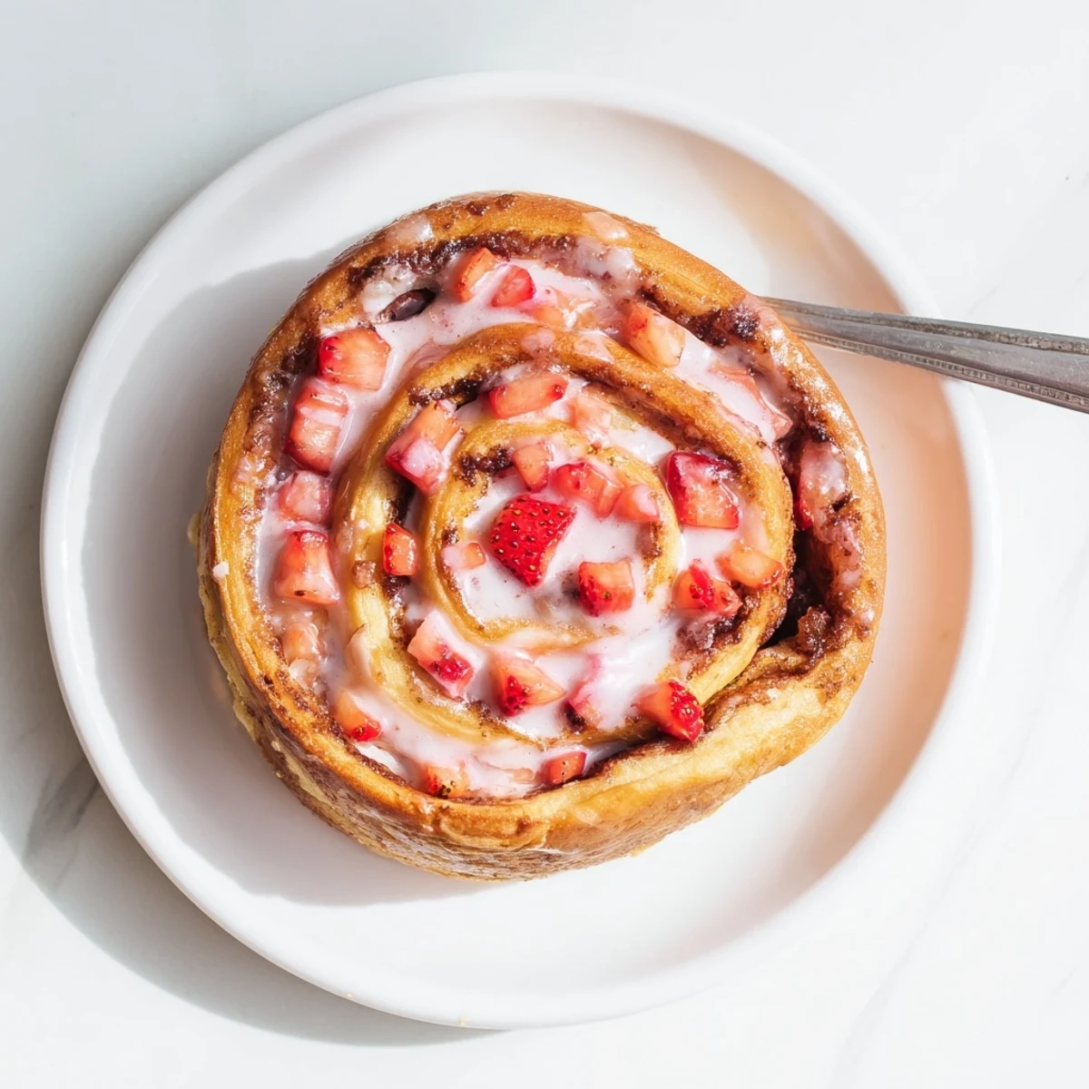 Warm cinnamon spiral rolls stuffed with creamy cheesecake filling and fresh baked strawberry chunks