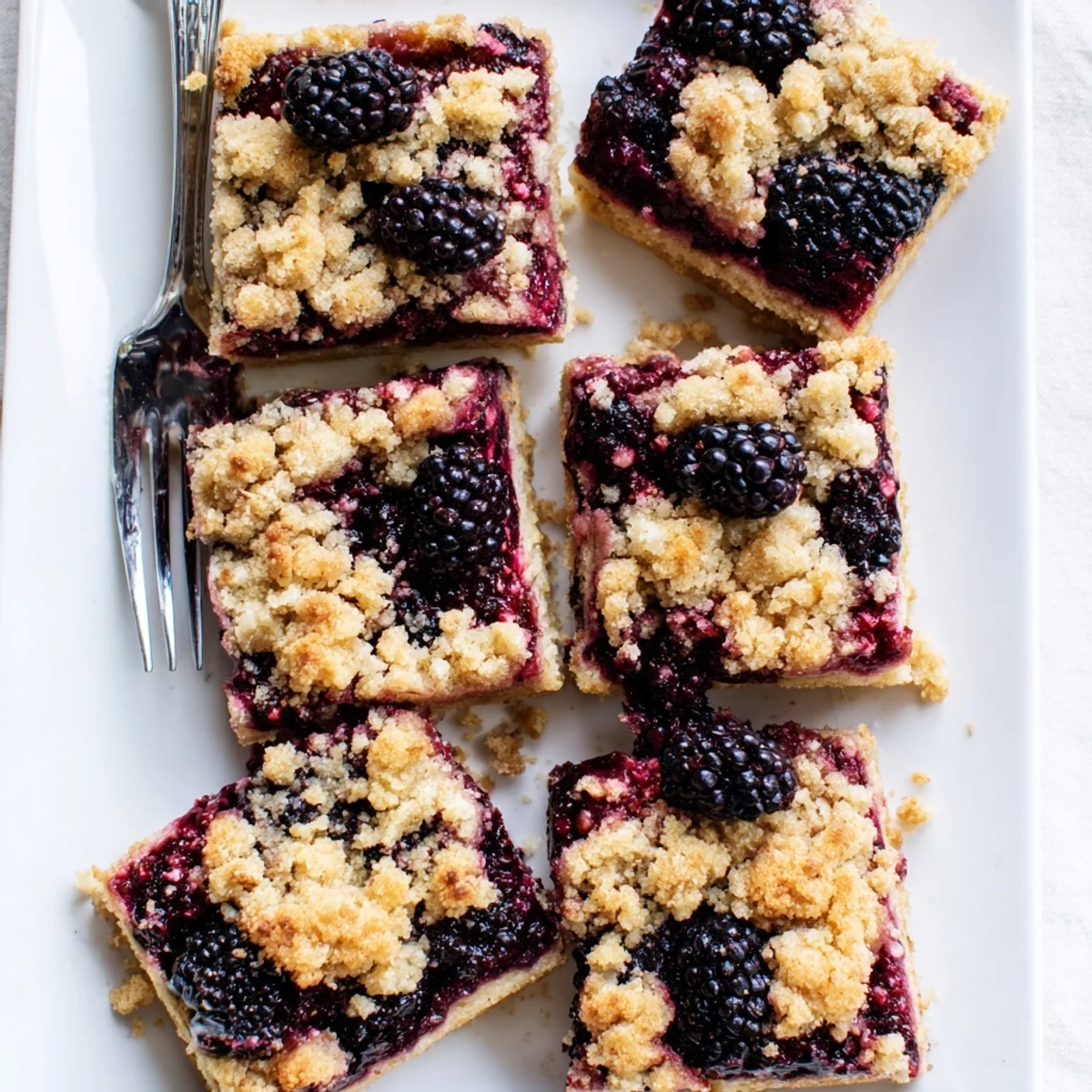 Golden blackberry crumble bars with bubbling fruit filling and buttery oat crumb topping