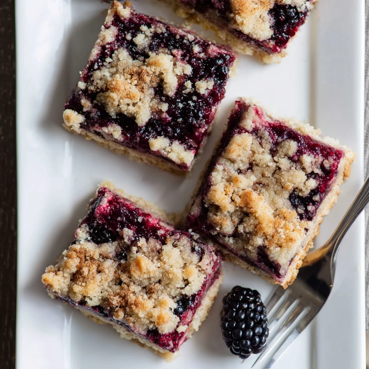 Tender baked blackberry crumble bars sliced into squares with purple berry layers showing
