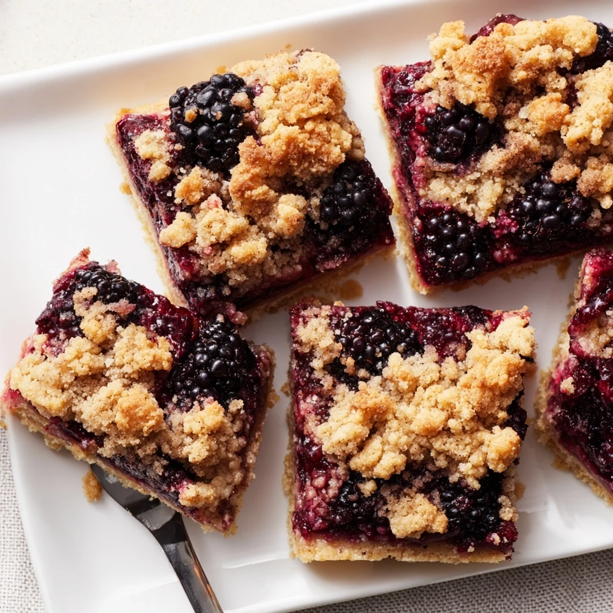 Homemade blackberry crumble bars featuring warm spiced fruit and crisp golden topping close-up