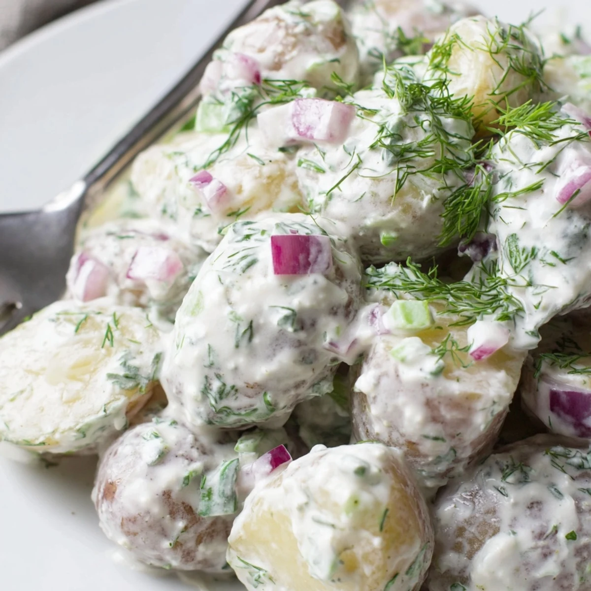 Creamy Greek yogurt potato salad with tender potatoes, crisp vegetables, and fresh herbs in a bowl