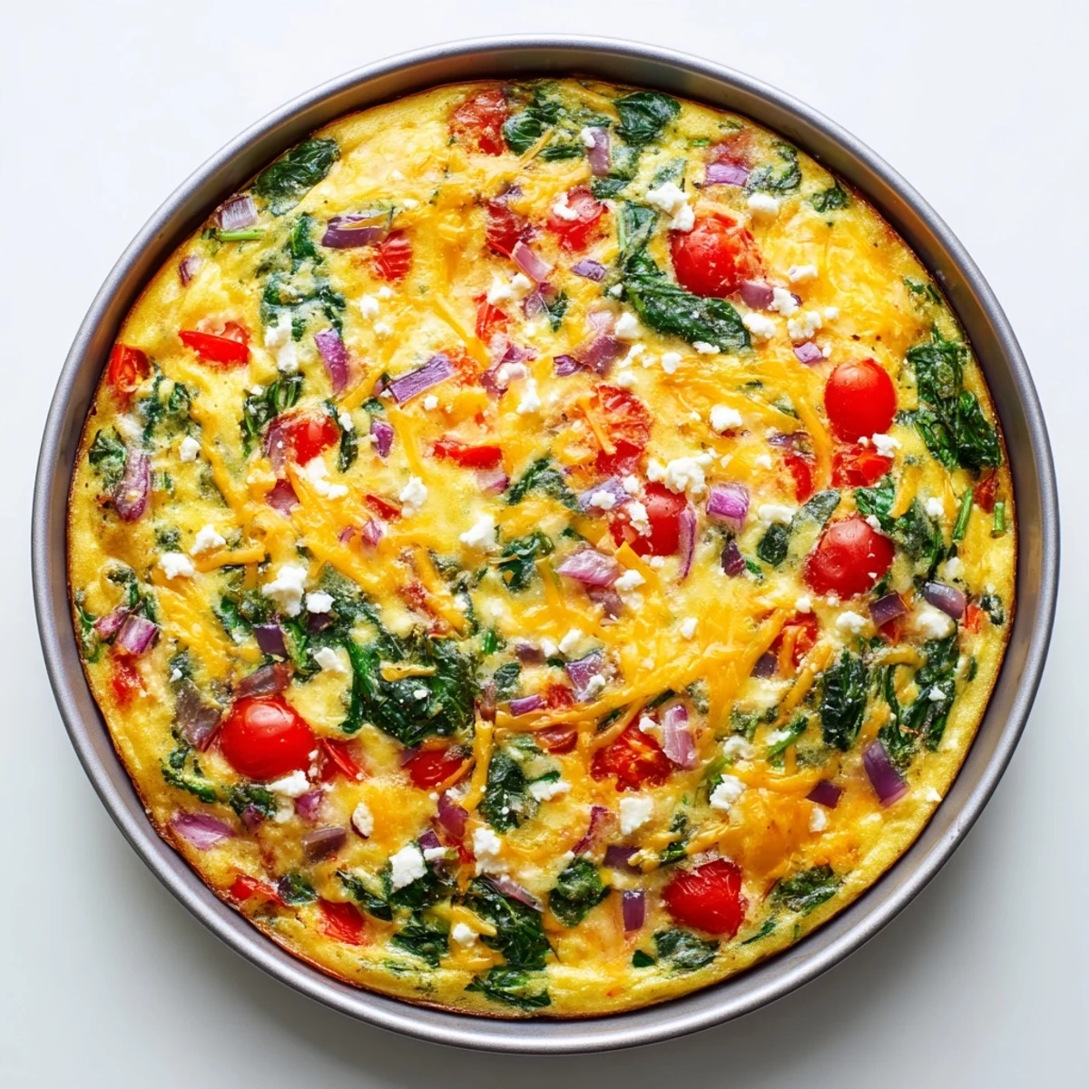 Golden healthy crustless quiche featuring spinach, cherry tomatoes, and melted feta cheese on top