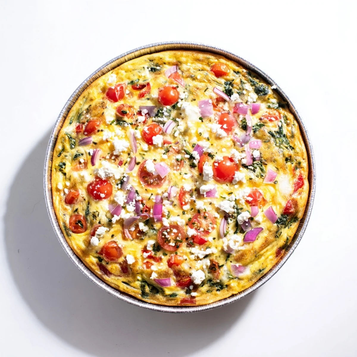 Savory healthy crustless quiche sliced into wedges revealing colorful vegetables inside a golden egg custard