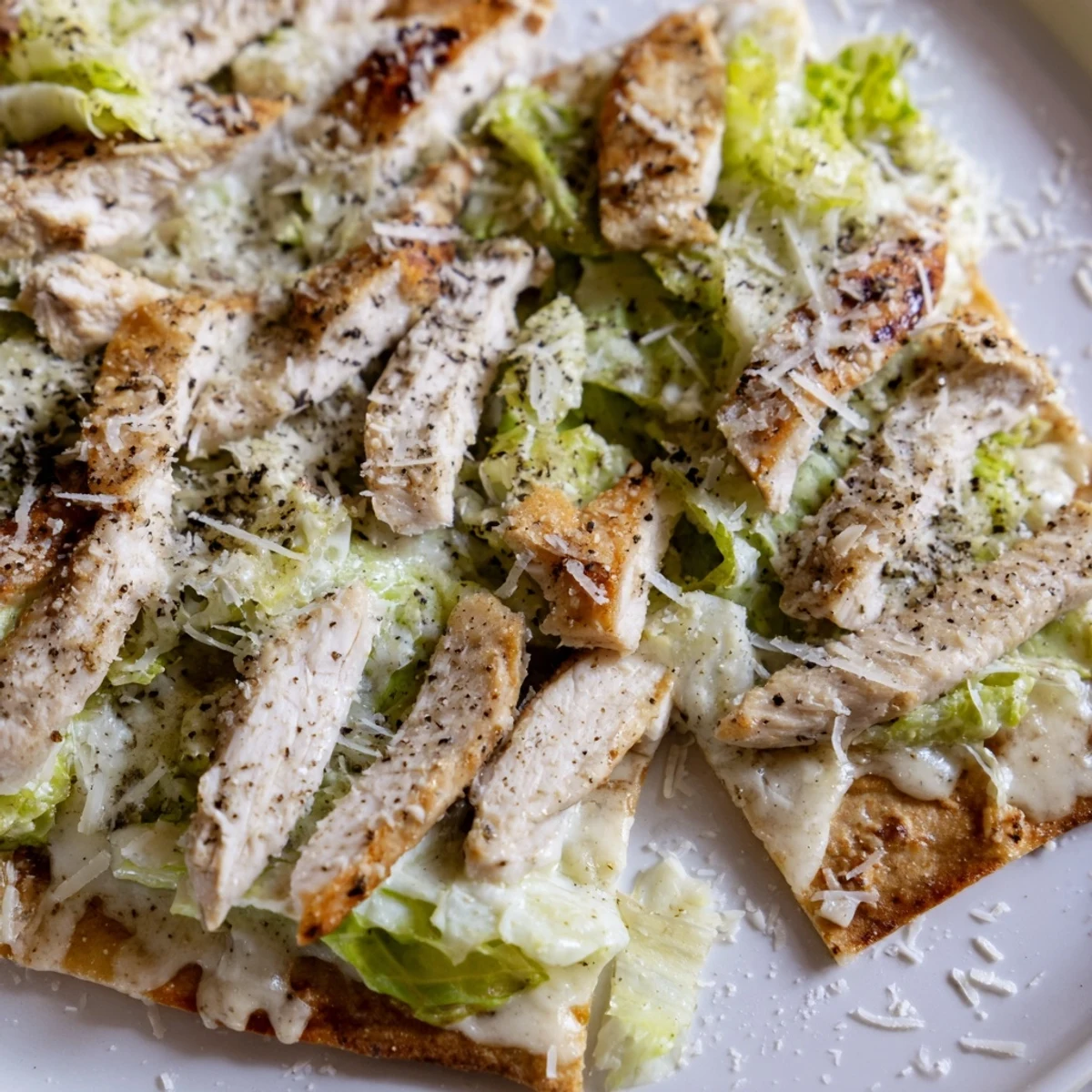 Golden chicken Caesar flatbread topped with melted mozzarella and crisp romaine lettuce