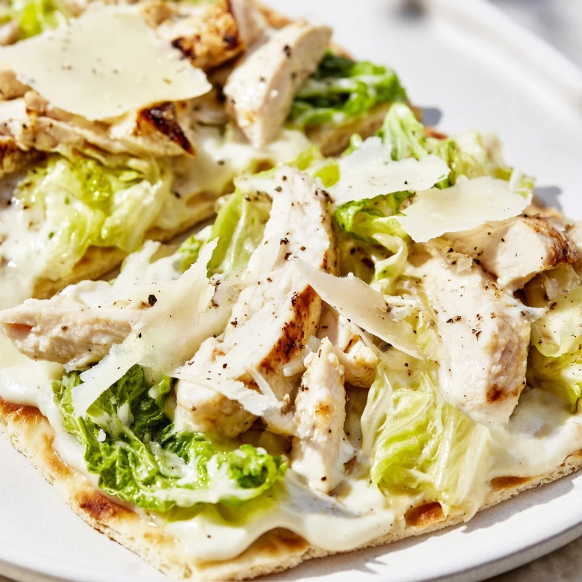 Sliced grilled chicken on crispy flatbread drizzled with creamy Caesar dressing and parmesan