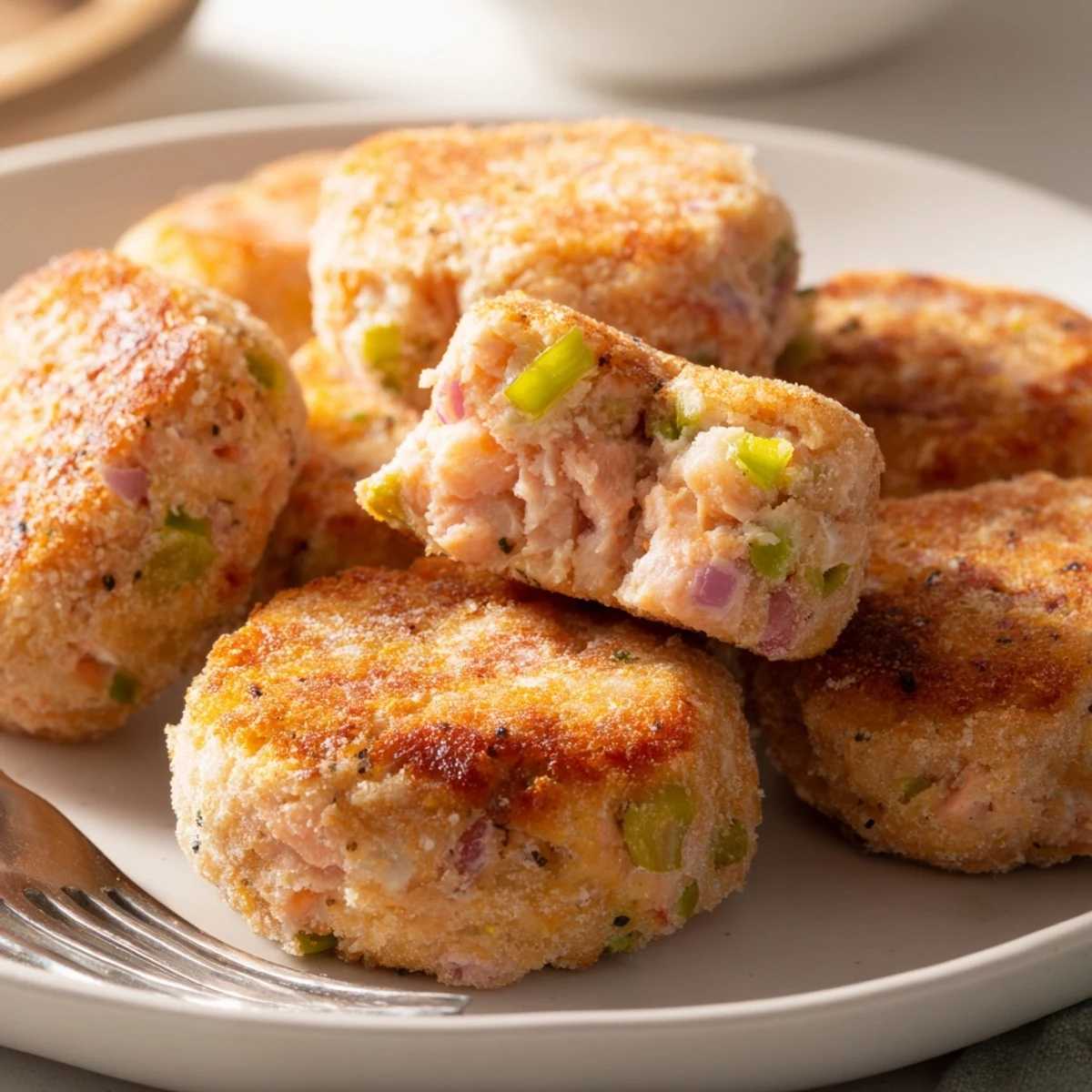 Golden brown Southern salmon croquettes served on a white plate with zesty remoulade dipping sauce