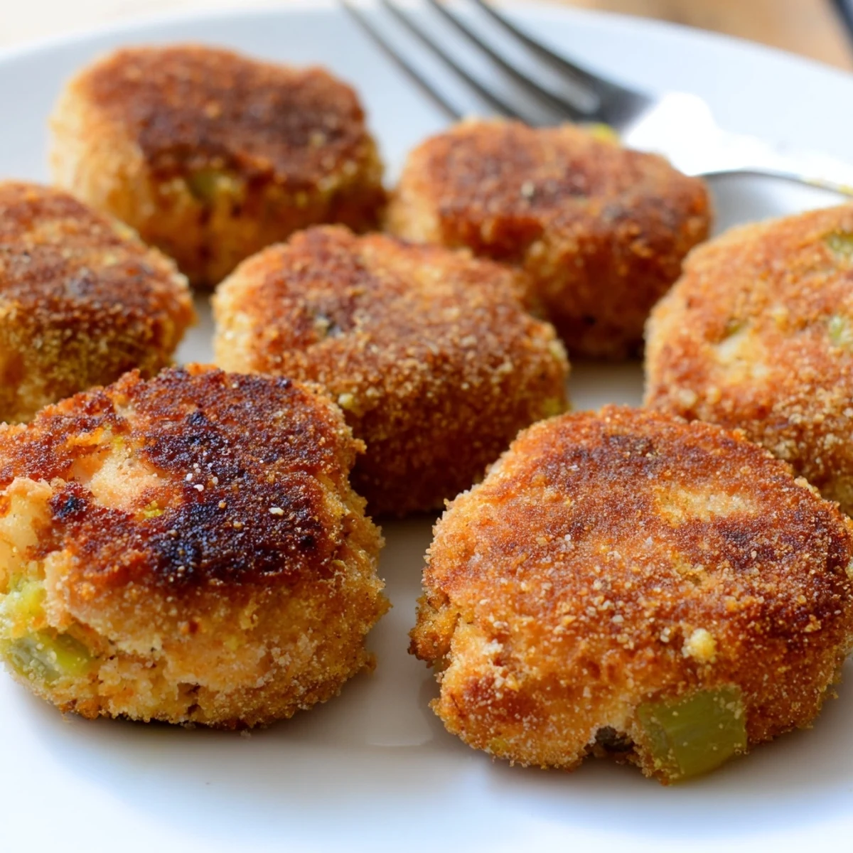 Crispy fried Southern salmon croquettes arranged on rustic wooden board alongside fresh lemon wedges