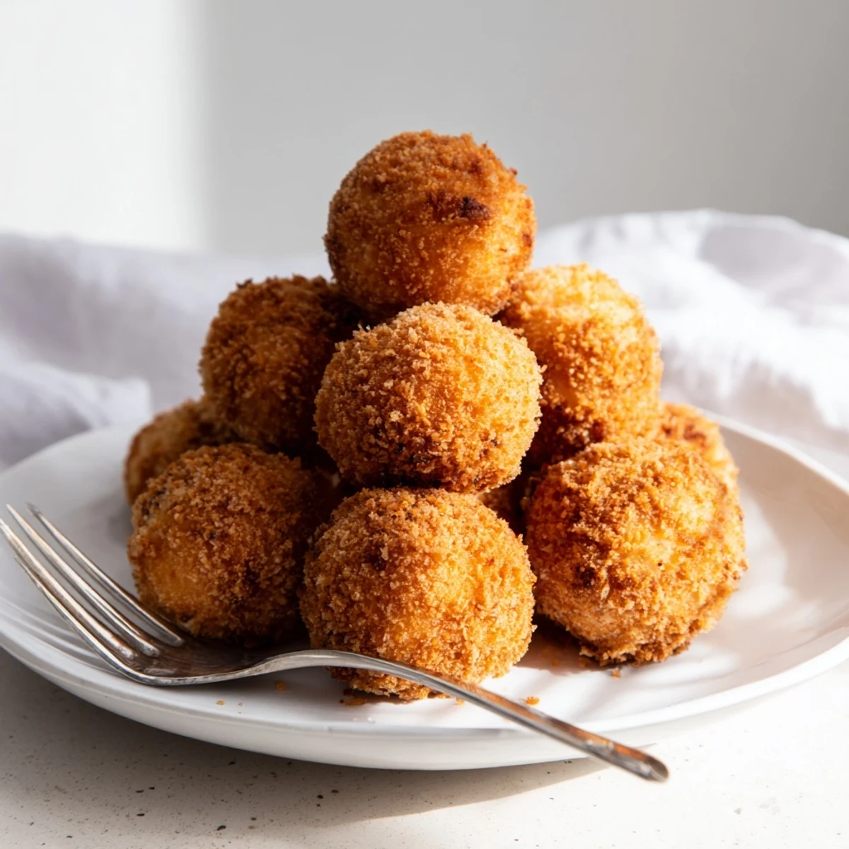 Golden brown mozzarella cheese balls with crispy breadcrumb coating served on white plate