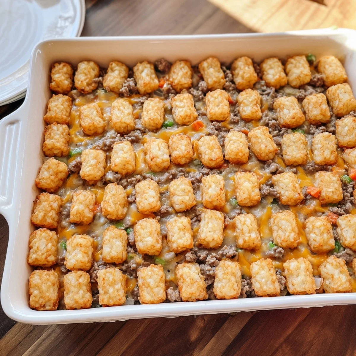 Comforting cheesy ground beef tater tot casserole with golden tots and bubbling cheese topping fresh from the oven