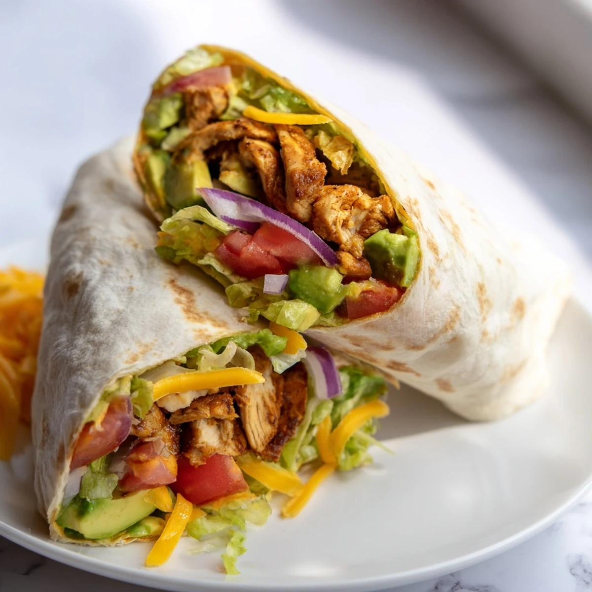 Flour tortilla wrapped around juicy spiced chicken, fresh avocado slices, crisp vegetables, and zesty sauce