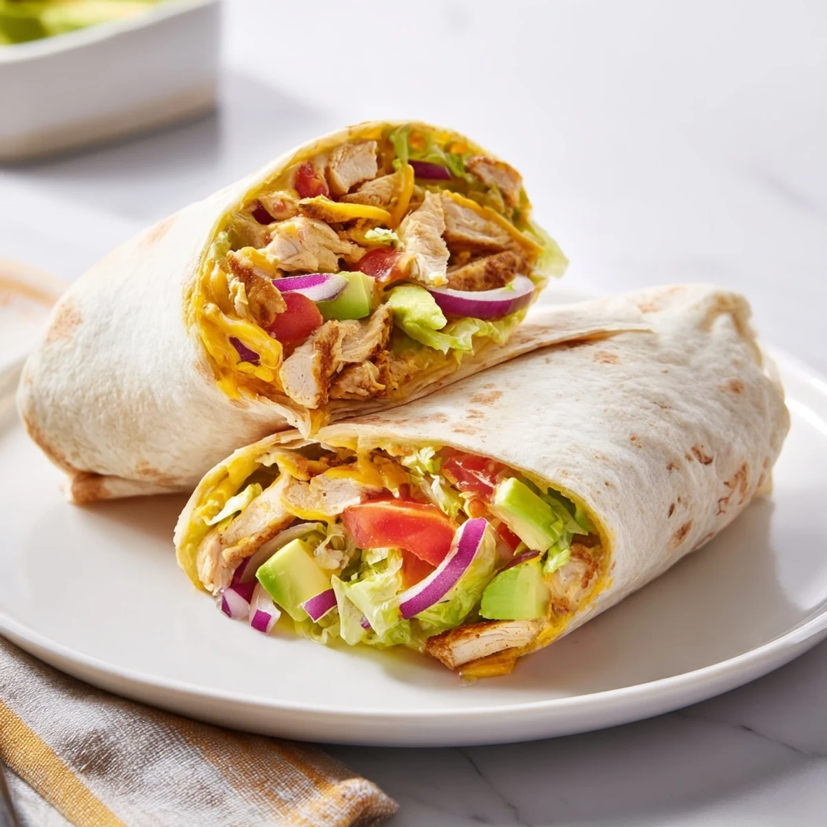 Sliced spicy chicken breast layered with creamy avocado, lettuce, tomato, and cheddar in a soft wrap