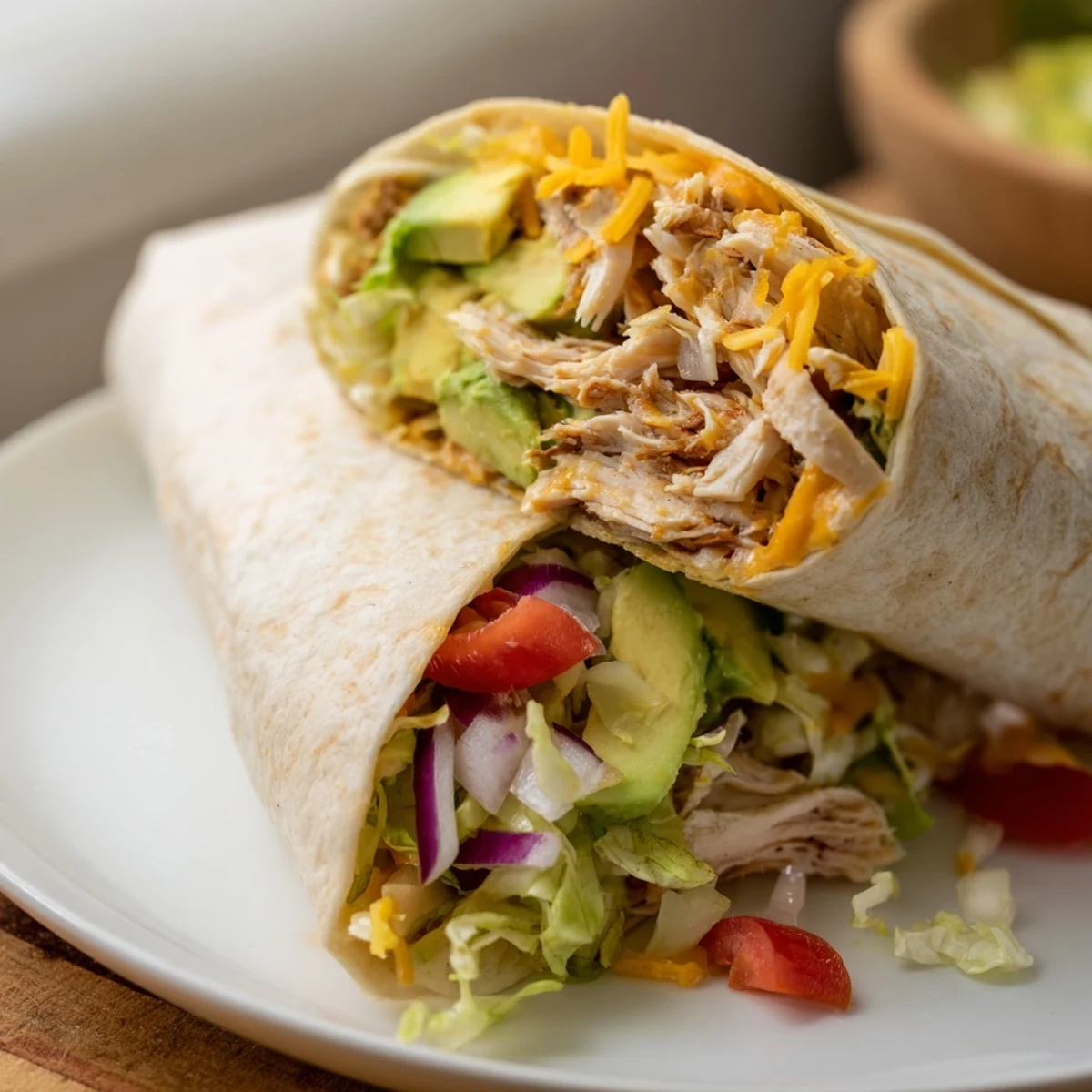 Cross-section of chicken avocado wrap filled with seasoned meat, ripe avocado, and colorful vegetables