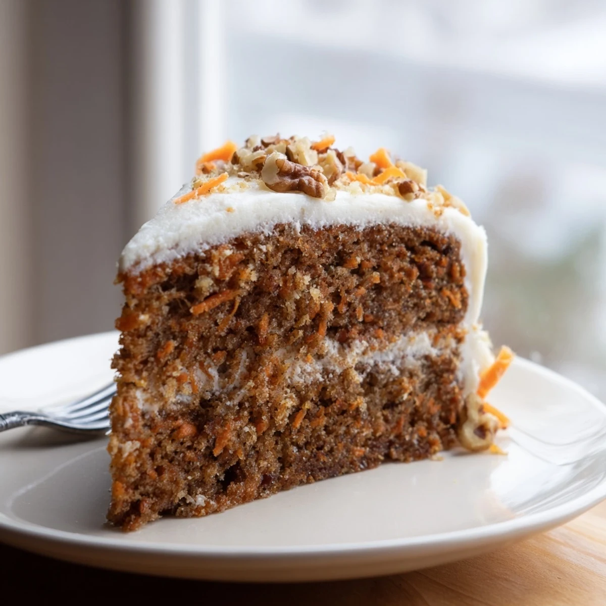 Moist one bowl Greek yogurt carrot cake topped with powdered sugar and chopped walnuts