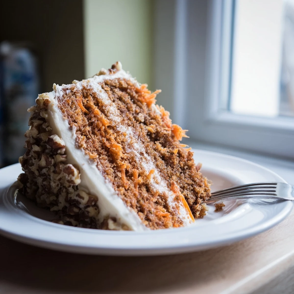 Slice of fluffy Greek yogurt carrot cake one bowl dessert with visible carrot shreds