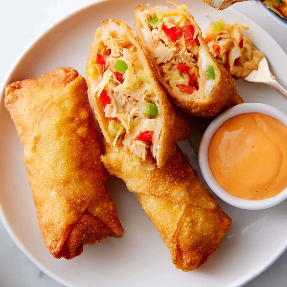Golden crispy Voodoo Egg rolls filled with seasoned Cajun chicken and colorful vegetables