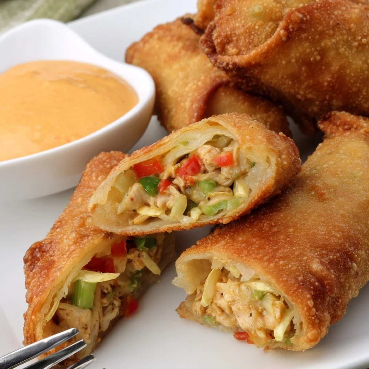 Deep fried Voodoo Egg rolls featuring crunchy exterior stuffed with savory Cajun spiced chicken
