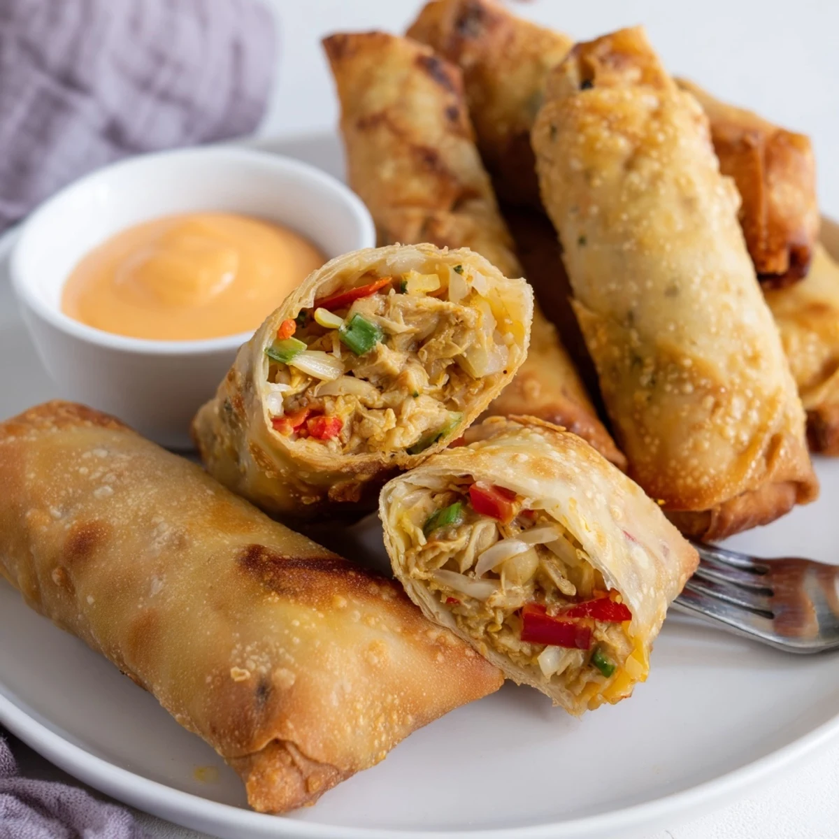 Spicy Voodoo Egg rolls arranged on serving platter alongside creamy zesty dipping sauce