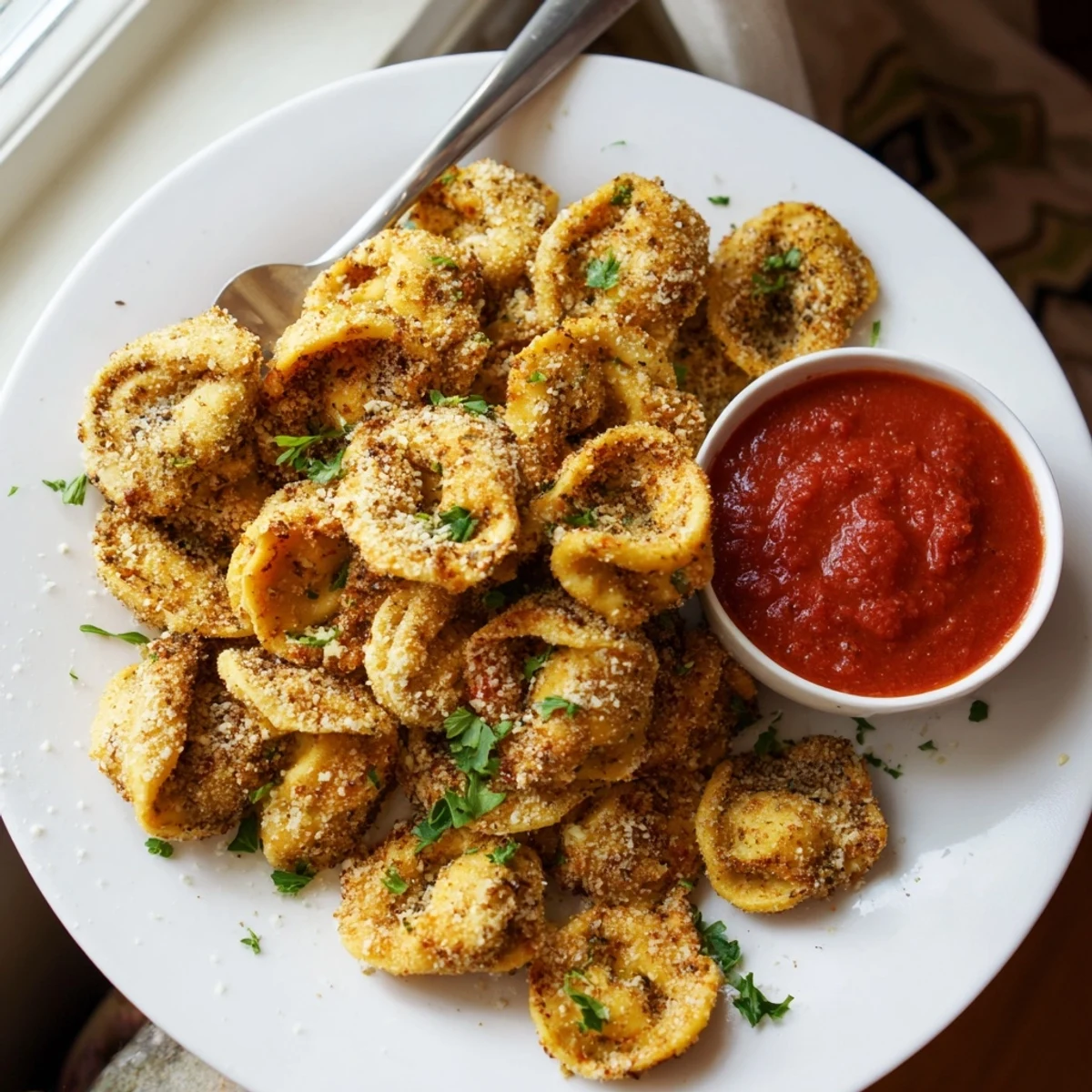 Golden air fryer tortellini bites arranged on a serving platter with marinara dipping sauce