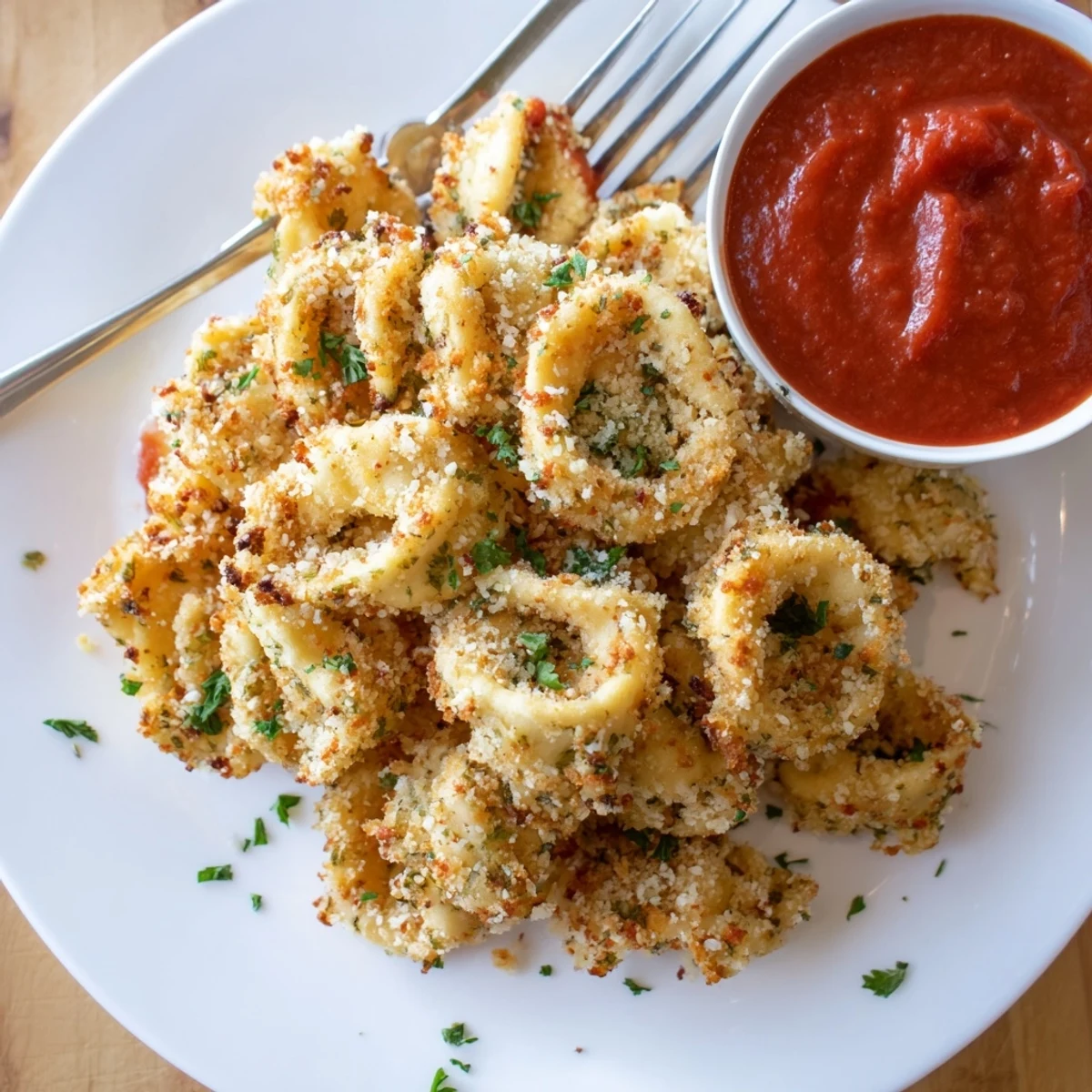 Crispy breadcrumb-coated tortellini fresh from the air fryer basket, perfectly golden and appetizing