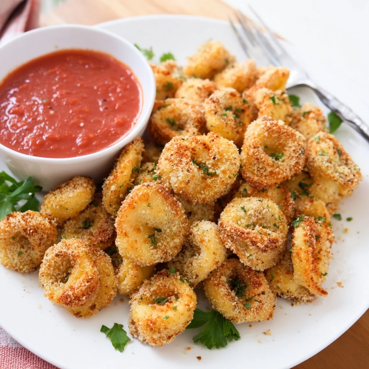 Plate of cheesy air fryer tortellini sprinkled with fresh parsley alongside warm red sauce