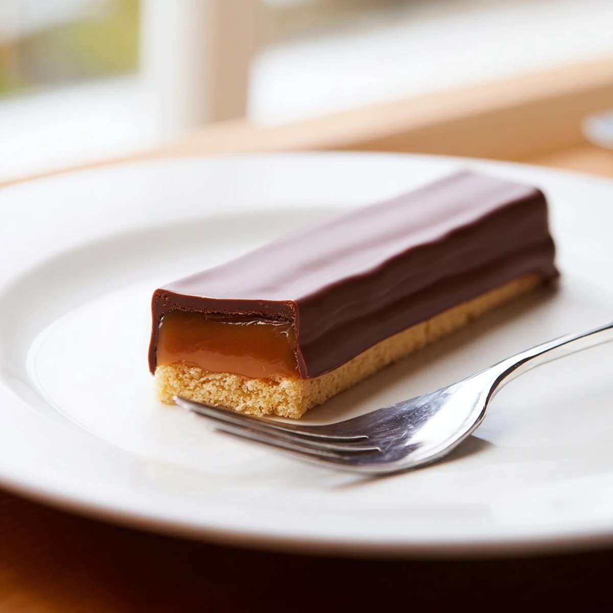 Golden homemade Twix bars arranged on a white plate, showcasing three distinct layers of buttery shortbread, rich caramel, and smooth milk chocolate topping