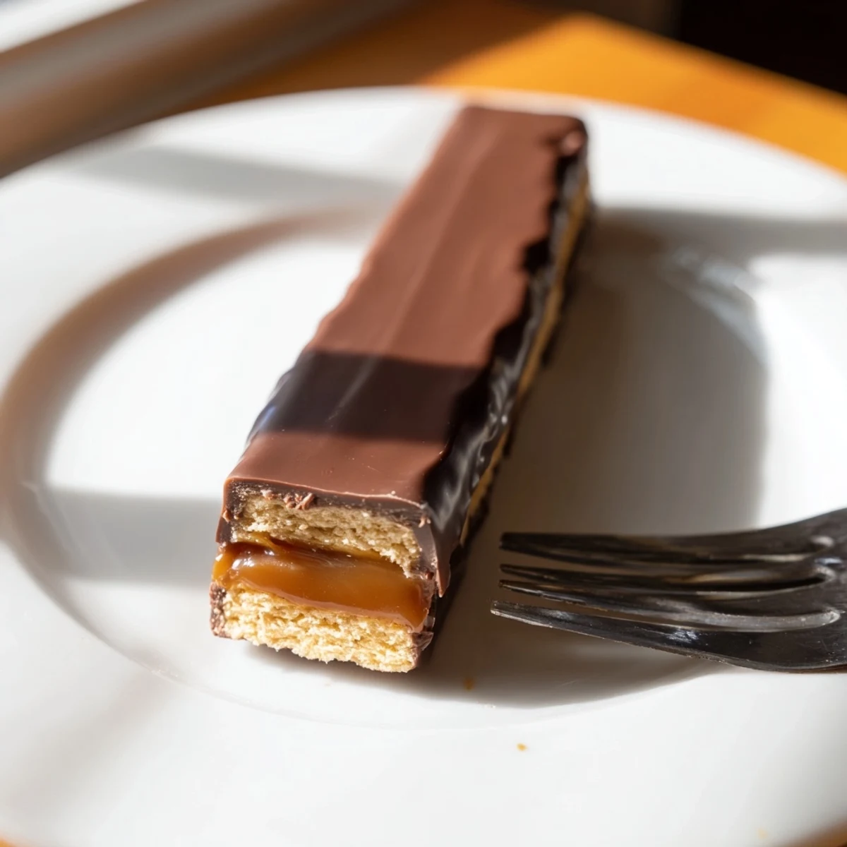 A sliced Twix bar revealing the luscious caramel center between crisp shortbread base and glossy chocolate drizzle, perfect for indulgent dessert serving