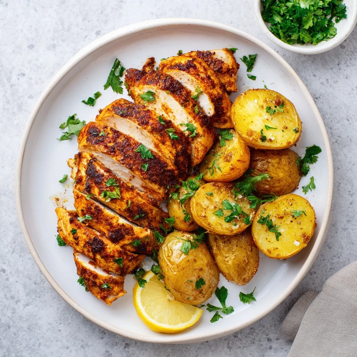 Juicy grilled chicken breast sliced and served beside golden crispy roasted baby Yukon Gold potatoes