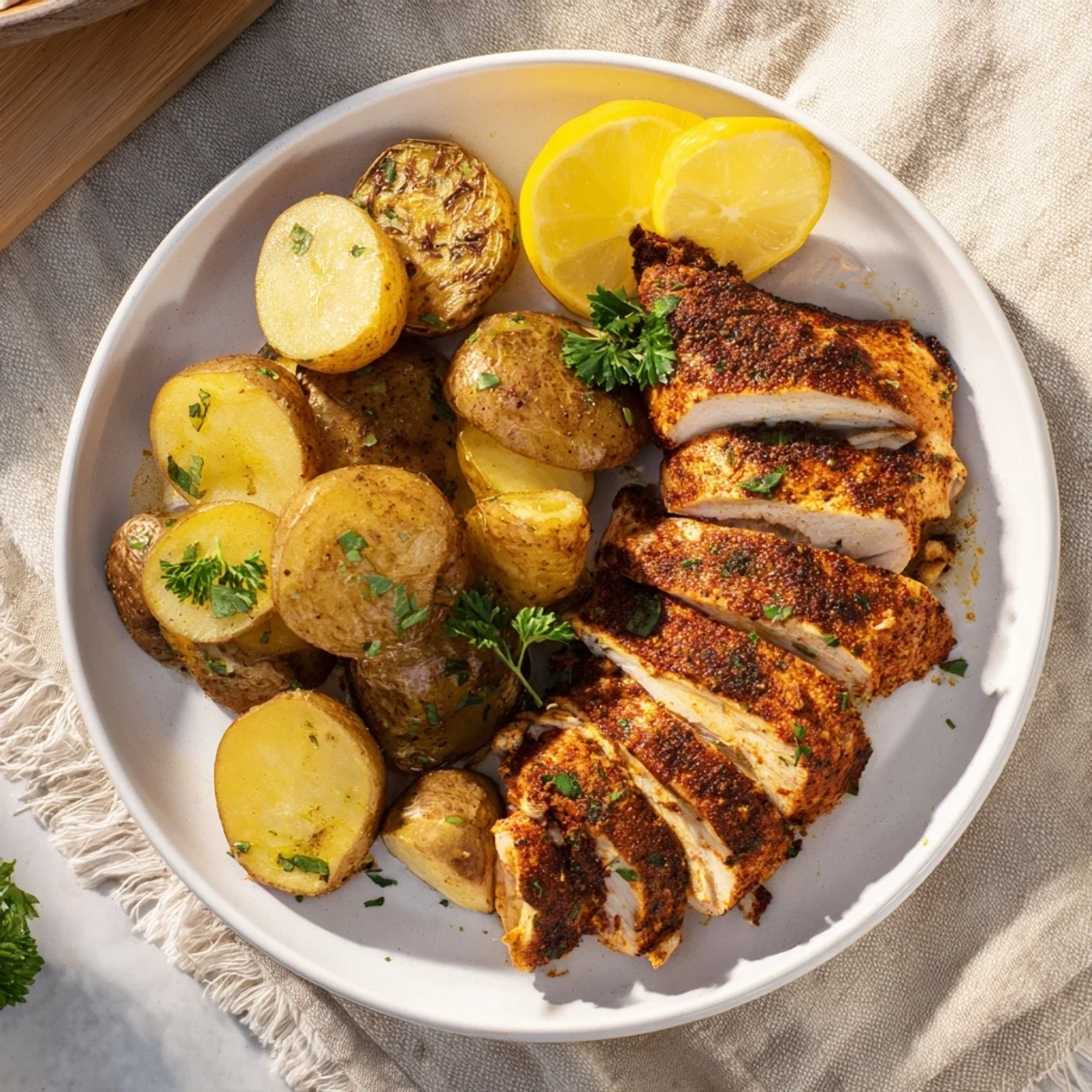 Homemade grilled chicken and crispy roasted potatoes arranged beautifully with fresh parsley garnish and lemon wedges