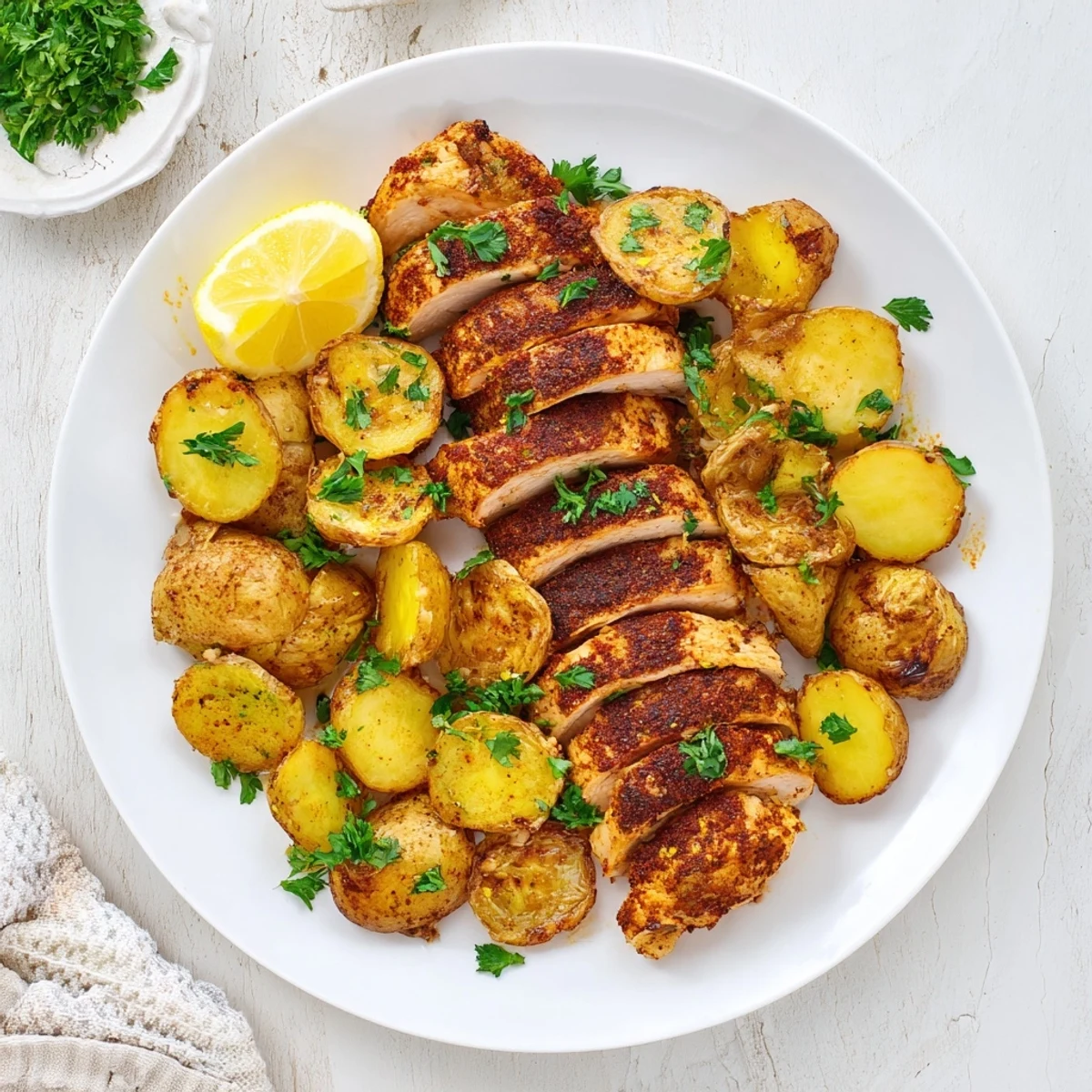 Perfectly seasoned grilled chicken with lemon paprika crust paired with rosemary roasted potatoes on a white plate