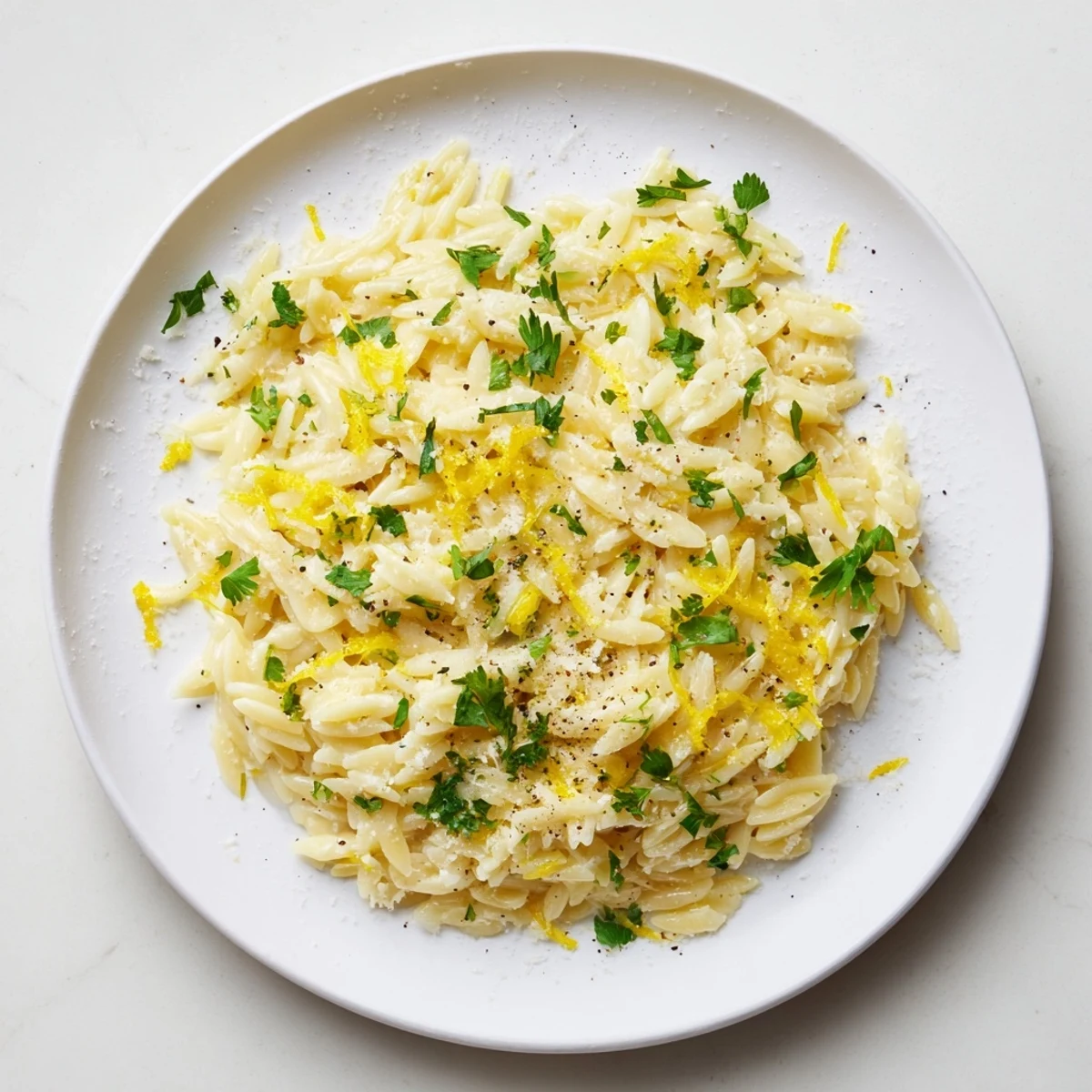 Tender orzo pasta tossed with zesty lemon butter sauce and green parsley flakes