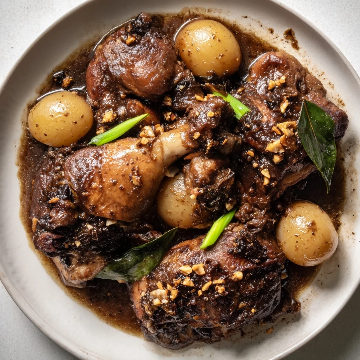 Golden brown Filipino Chicken Adobo pieces coated in thick savory soy vinegar glaze