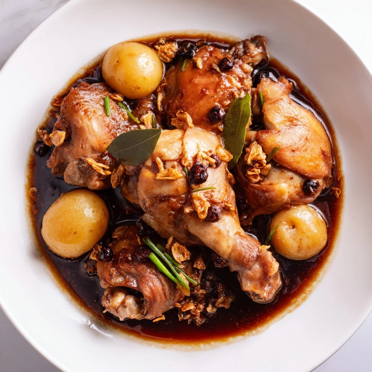Tender chicken thighs simmered in rich dark adobo sauce with steamed white rice
