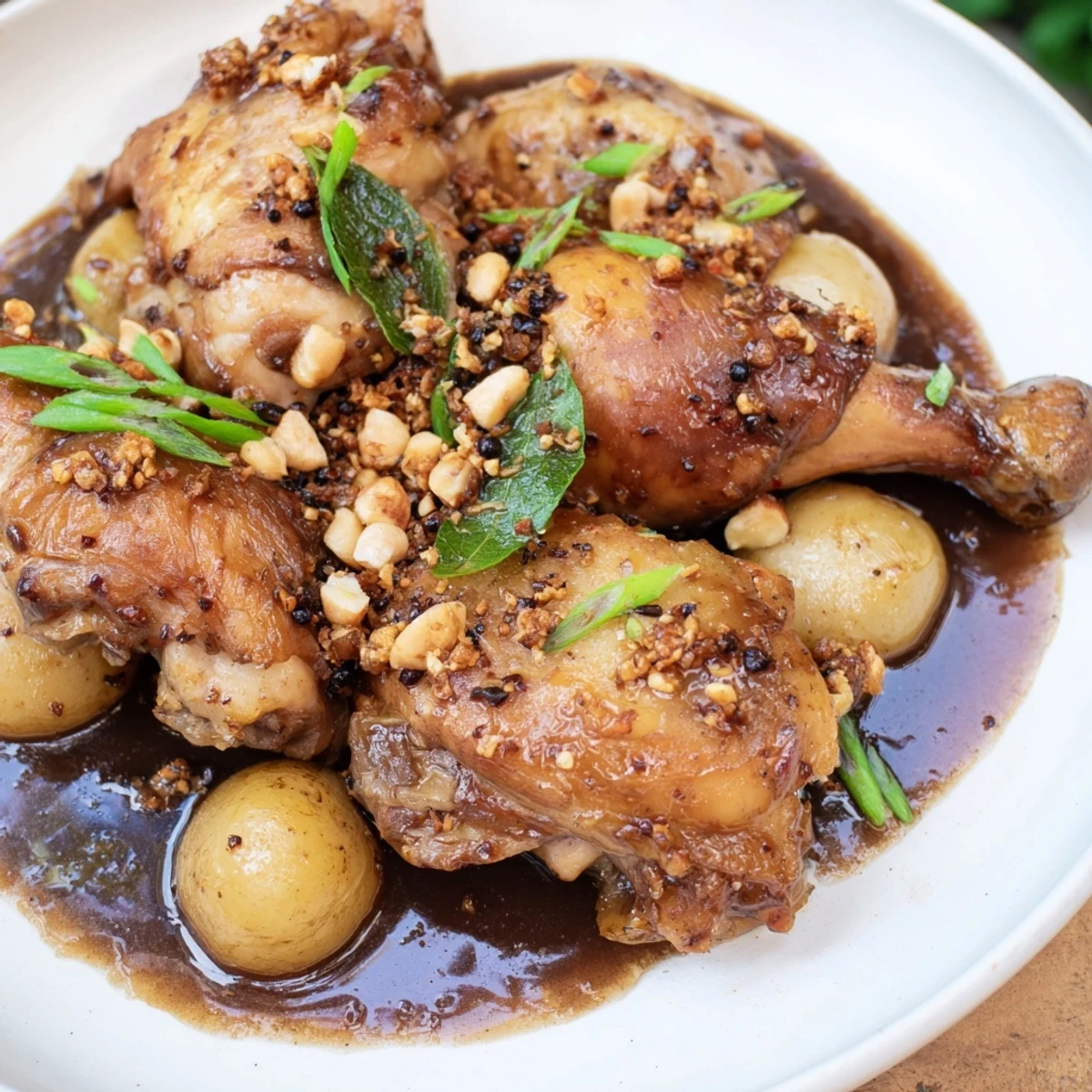 Braised Filipino Chicken Adobo garnished with fried garlic and scallions over fluffy rice