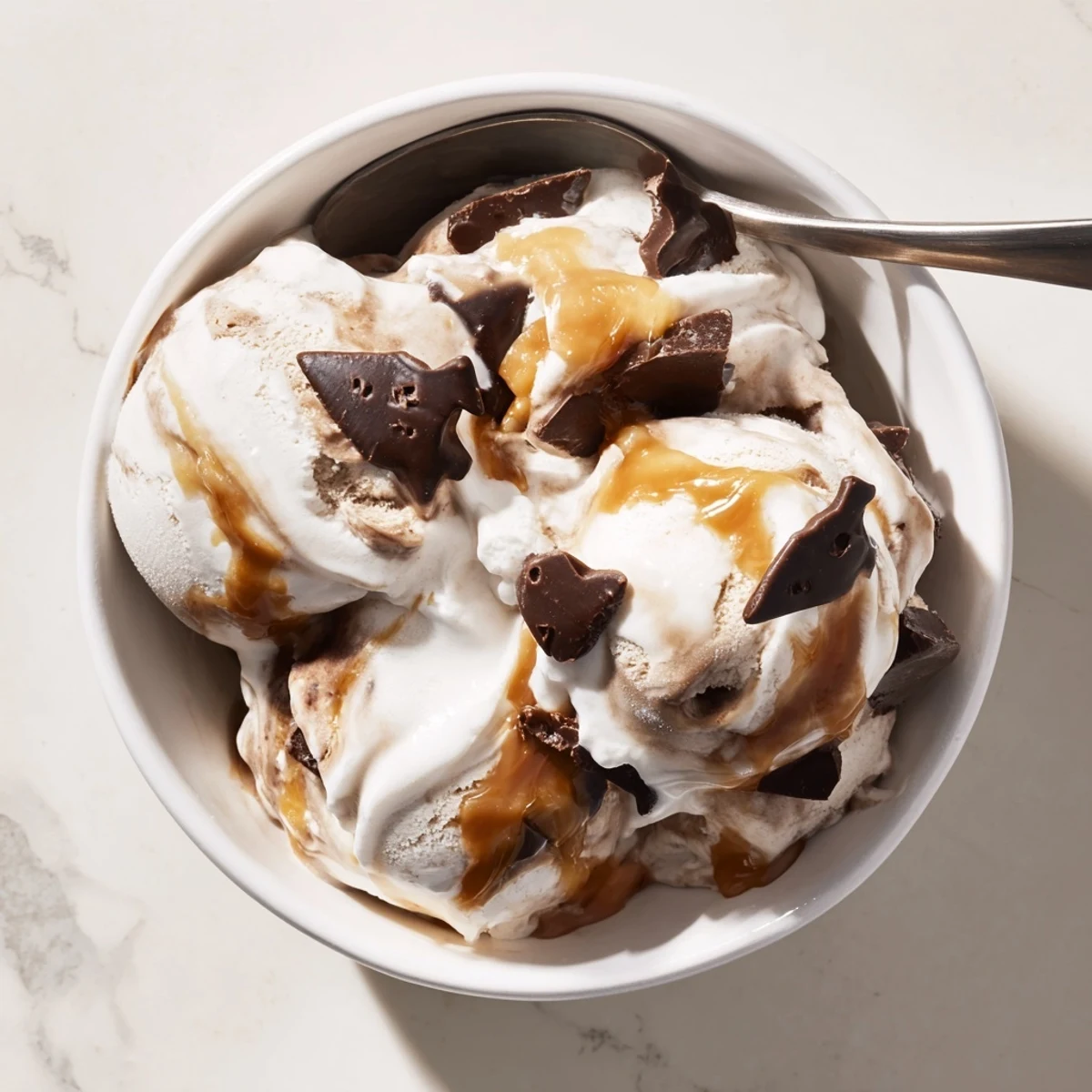 Creamy chocolate Ninja Creami Phish Food ice cream swirled with gooey marshmallow and caramel ribbons