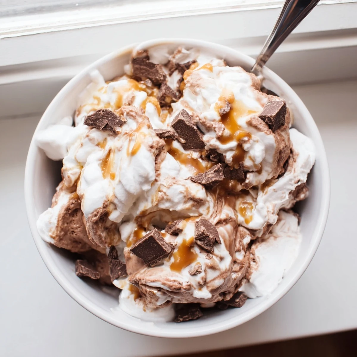 Bowl of Ninja Creami Phish Food ice cream topped with marshmallow fluff and caramel drizzle