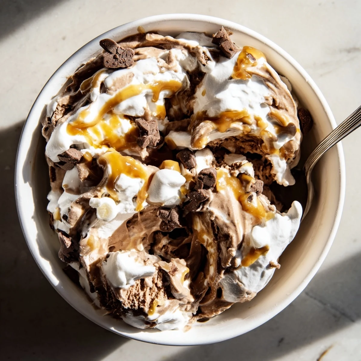 Scooped Ninja Creami Phish Food dessert featuring rich chocolate base and chocolate fish mix-ins