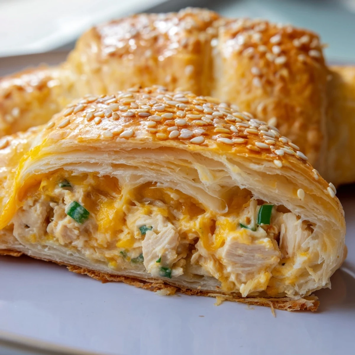 Golden brown cheesy chicken pockets with flaky pastry and melting cheddar cheese center