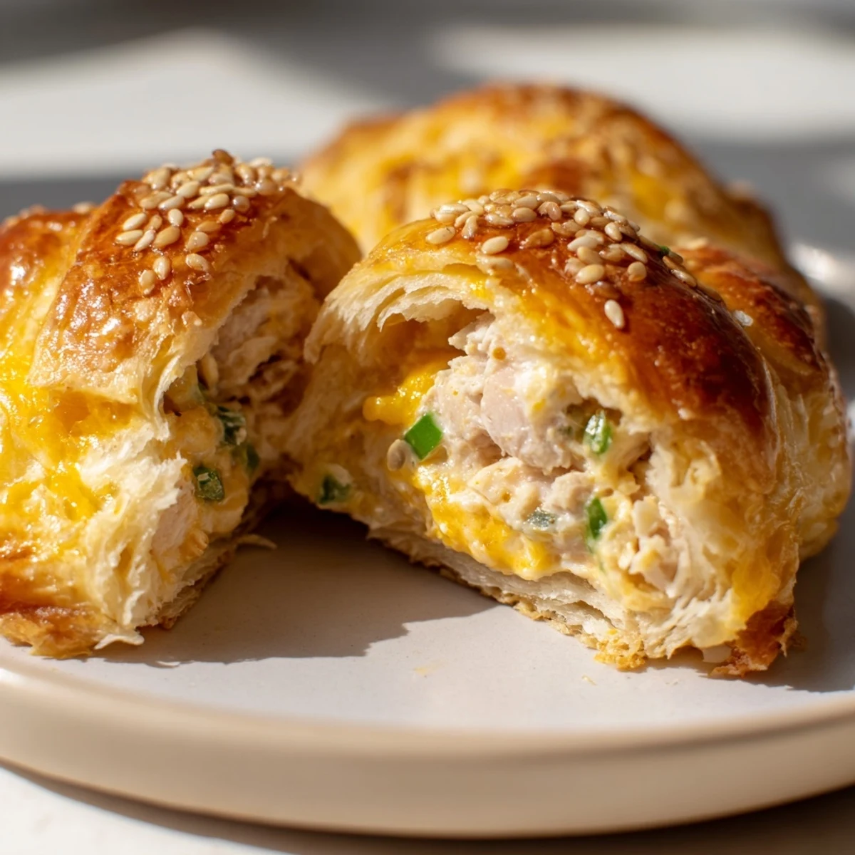 Freshly baked chicken and cheese pastry pockets brushed with egg wash and sesame seeds